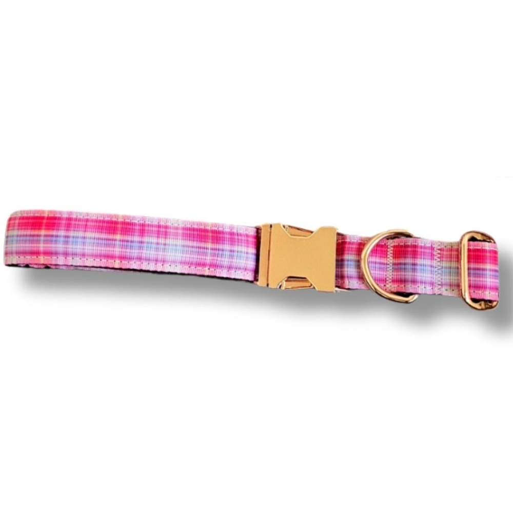 Pink Plaid Dog Collar with Rose Gold Buckle- Nylon Dog Collar